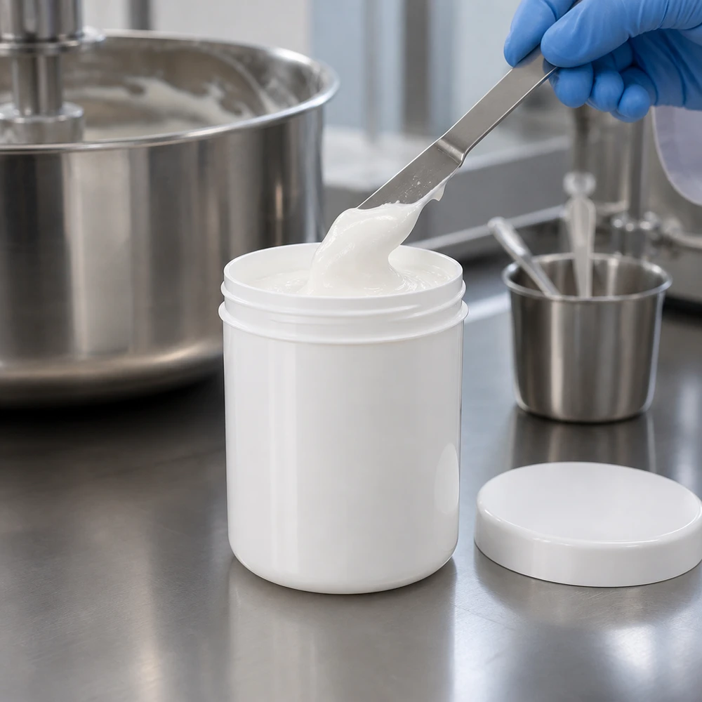 Salvburk 500g vit med vitt skruvlock (polypropylen) Öppen 500 g salvorburk av vit PP-plast med skruvlock på en yta av rostfritt stål