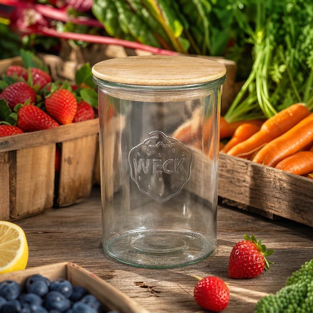 1000ml WECK RR100 Krossade glasögon med trälock WECK dricksglas 1000ml RR100 med eklock mellan färsk frukt och grönsaker på ett träbord Köksmiljö