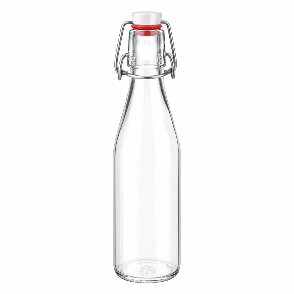 250 ml glasflaska + svängbart lock PVC UNiTWIST 250 ml glasflaska med svängbar topp och vit kork, transparent glas, PVC UNiTWIST-system för drycker