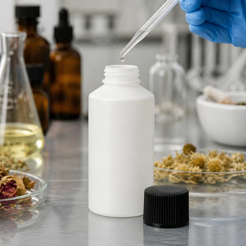 Vit HDPE-apotekflaska på 50 ml med svart skruvlock i laboratoriet