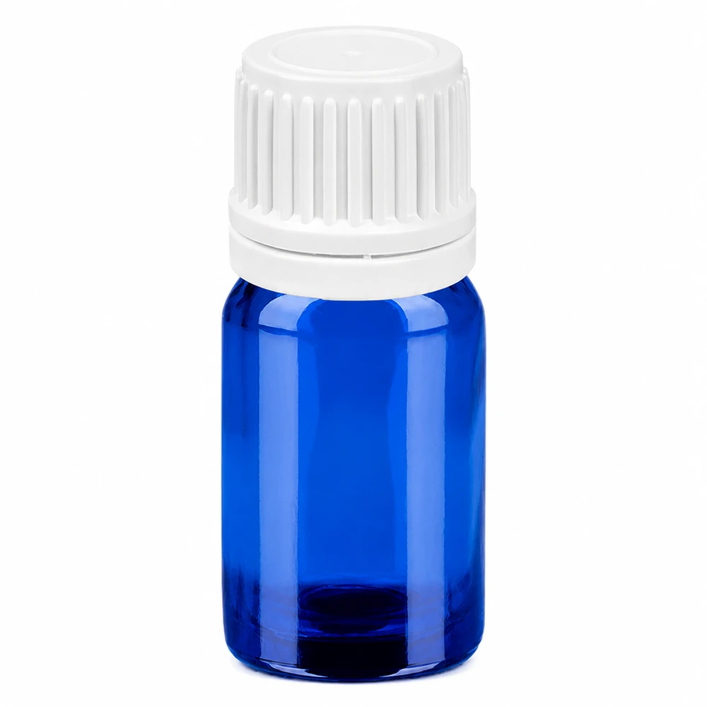 5ml flaska 11mm skruvkork vit kapsyl med sabotageskydd BlueLine UT18/5 5ml glasflaska blå med vitt skruvlock för eteriska oljor och kosmetika