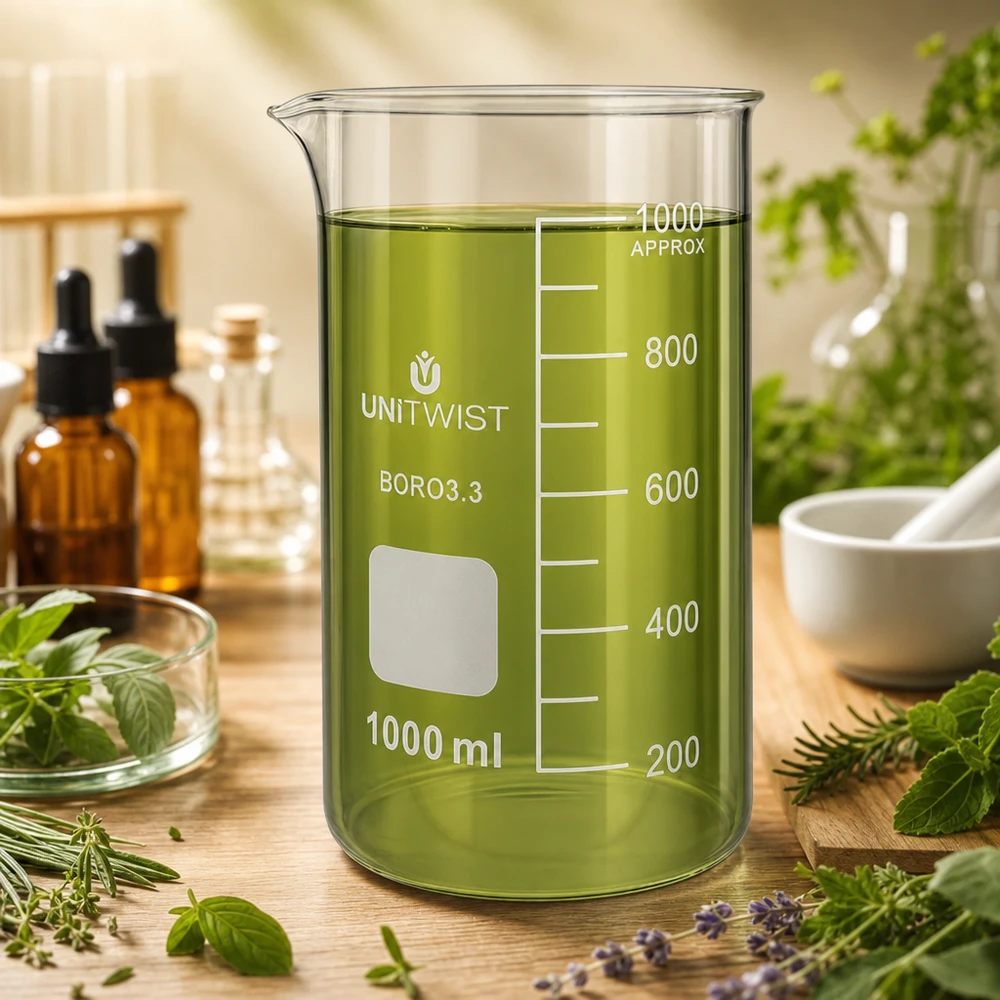 UNITWIST bägare, 1000 ml, hög modell, borosilikatglas med grön örtextraktlösning på ett träbord