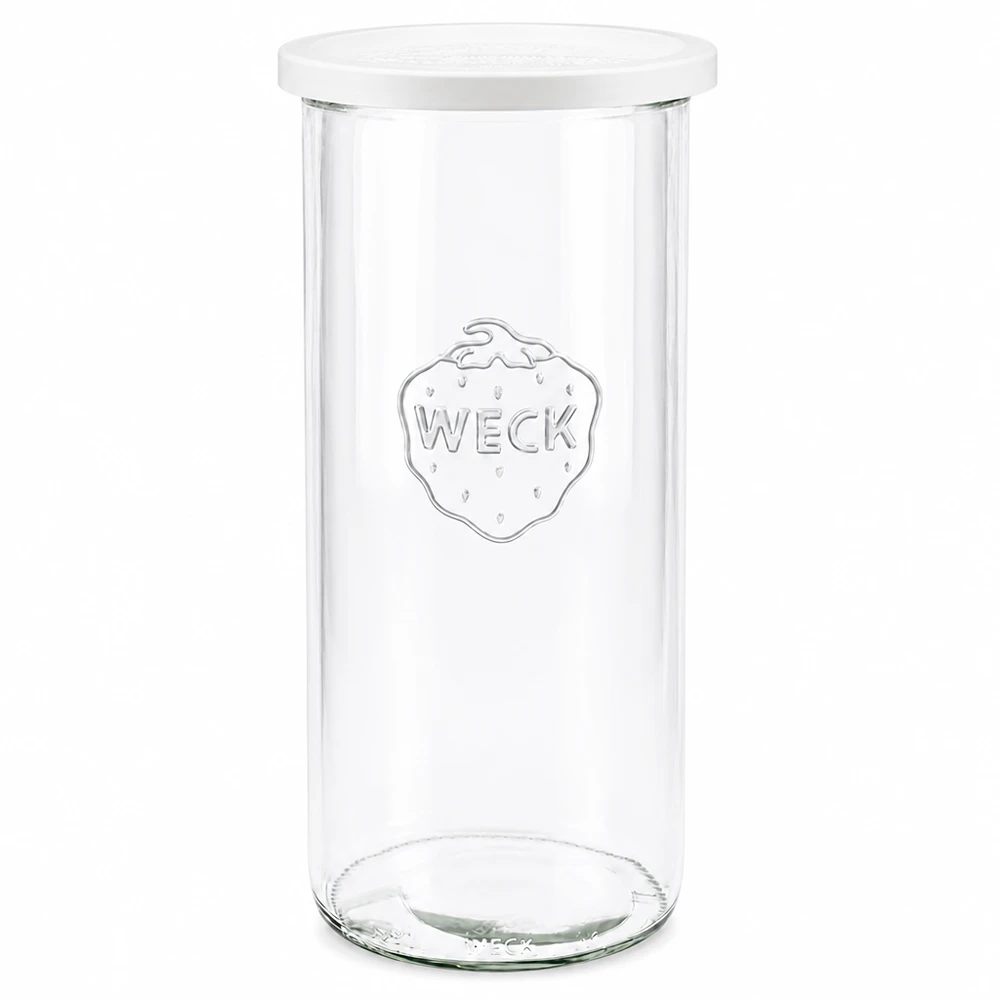 WECK konserveringsburk 1500ml RR100 transparent med vitt lock fotograferad på framsidan visar graverad varumärkeslogotyp