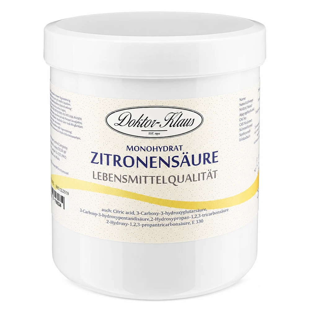 Citronsyra 500g Doktor-Klaus 500 g citronsyra Doktor-Klaus monohydrat i en vit plastbehållare för användning i kök och hushåll