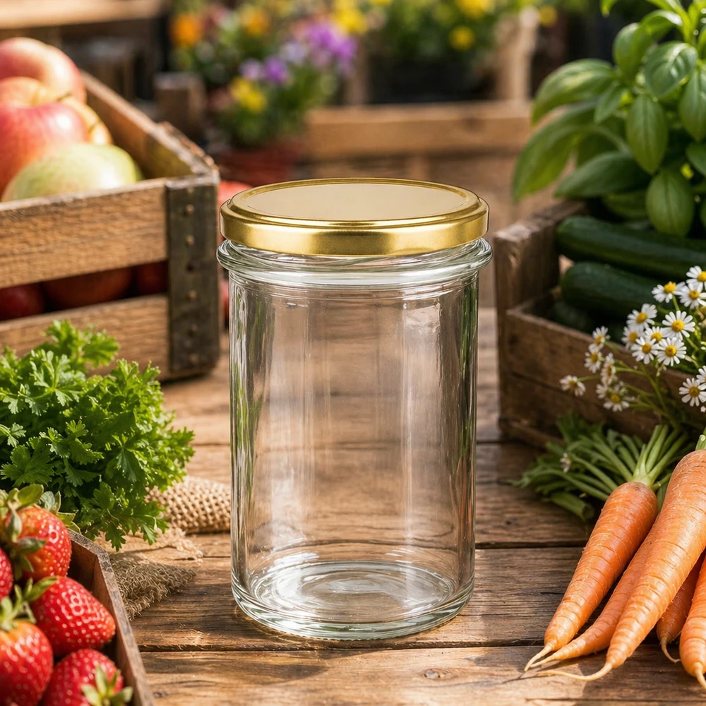 Glas 230 ml med lock BasicSeal guld UNiTWIST 230 ml-glas med BasicSeal-lock i guld UNiTWIST i trädgården bland färska grönsaker, örter och frukt
