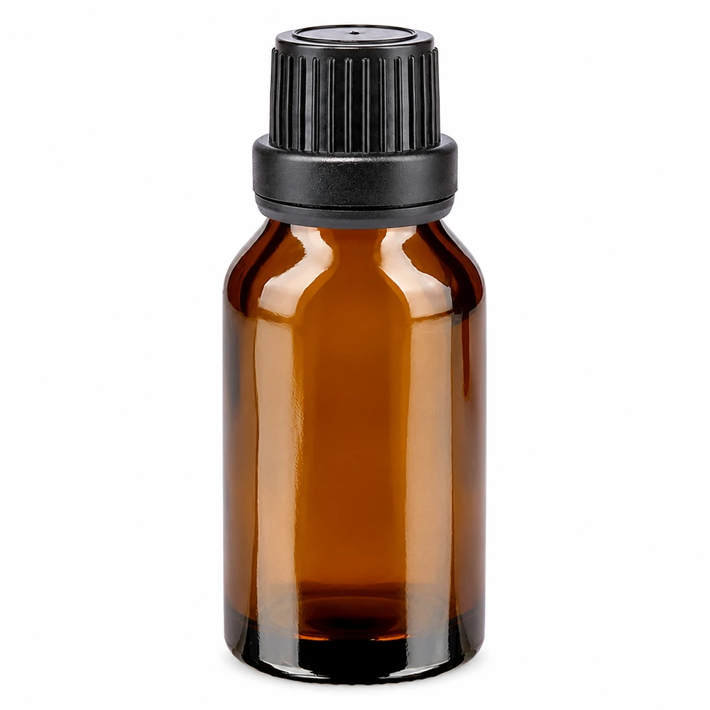 Apoteksflaska brun 15ml skruvkork svart manipulationsskyddad förslutning Brun apotekarflaska på 15 ml med svart originalförslutning och tätning av brunt glas