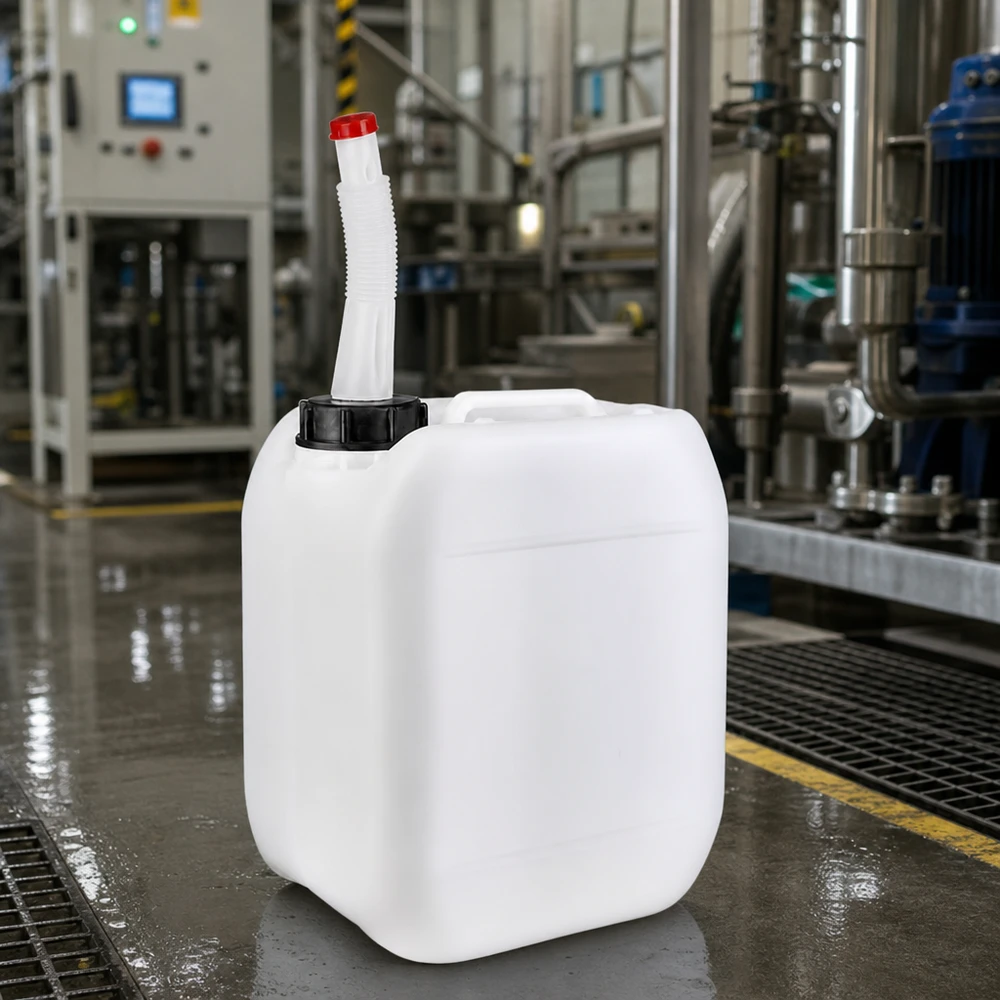 5-liters dunk med flexibelt utloppsrör 5-liters industrikanister med flexibelt uthällningsrör på ett vått golv i en produktionsanläggning