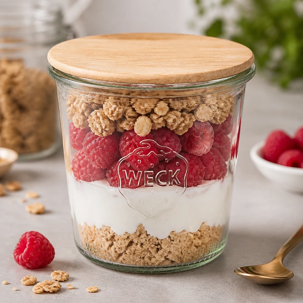290ml Krossade glasögon WECK RR80 med trälock WECK tumlare 290ml RR80 med trälock som dessertburk med yoghurt hallon och müsli i köket