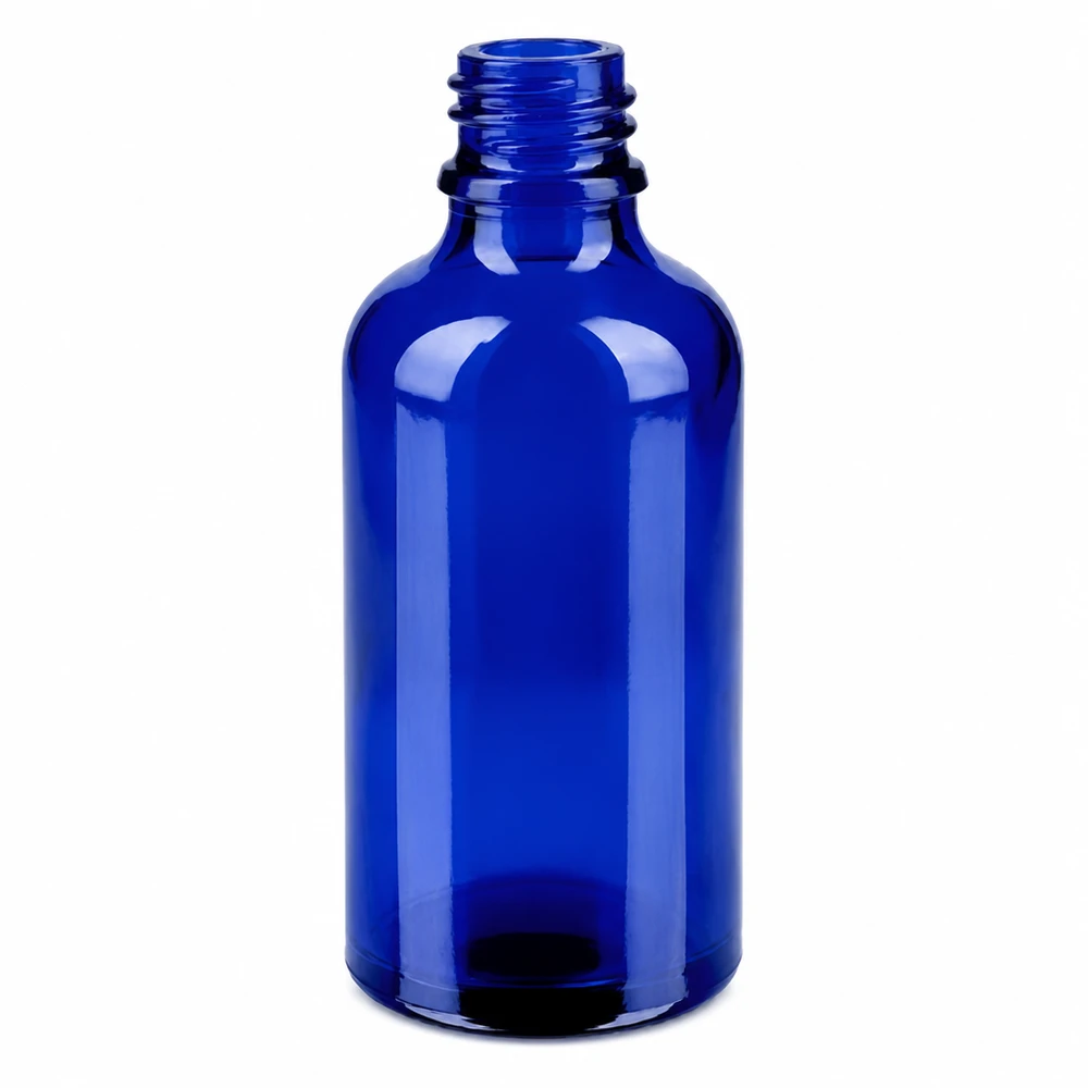 50 ml glasflaska i koboltblått med gängad hals för exakt dosering av kosmetiska produkter