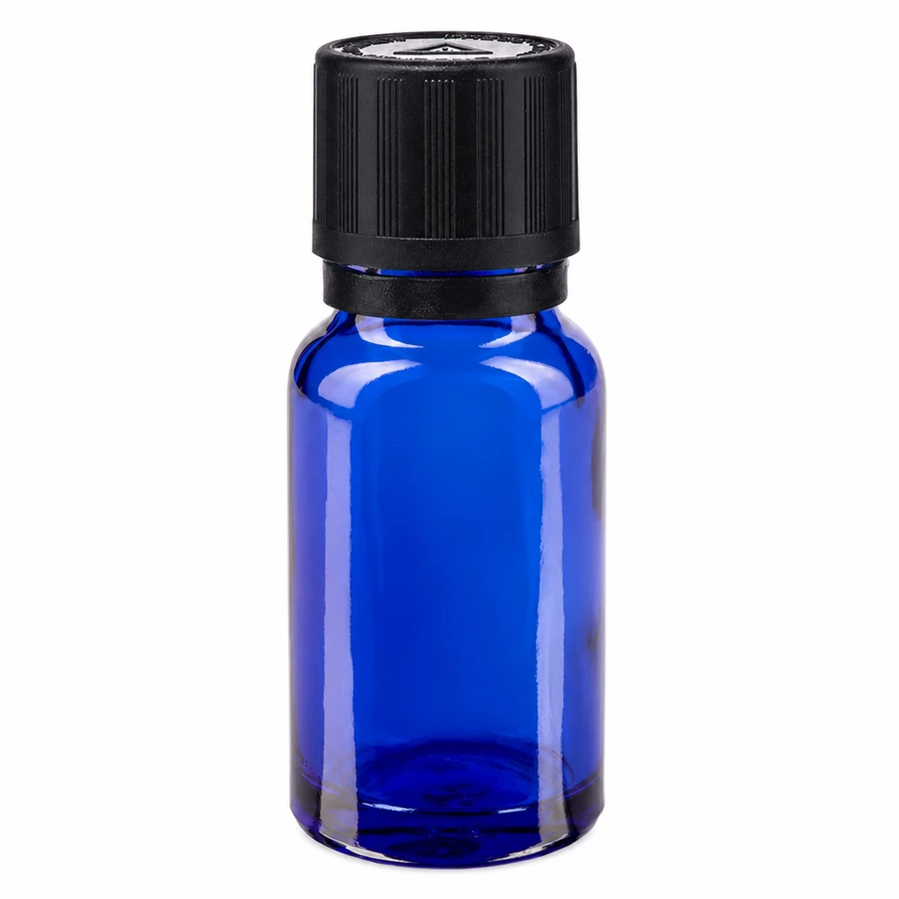 Apoteksflaska blå 10ml dropplock hällring 1mm svart barnsäkerhetslås blind varningssymbol manipuleringsfri förslutning 10 ml blå apoteksflaska i glas med svart barnsäker kork och droppinsats 1 mm