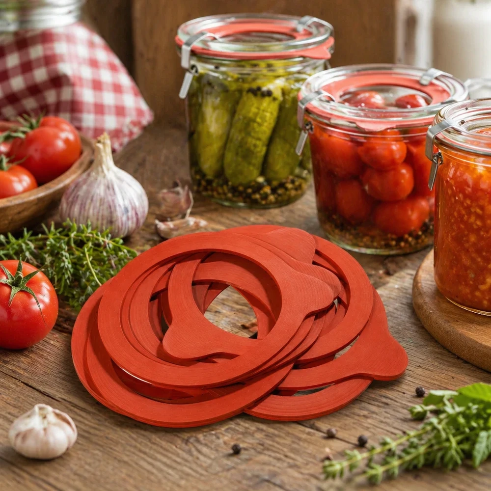 Tätningsring av naturgummi RR80 Konserveringsring RR80 av naturgummi för konserveringsburkar i en köksscen med konserverade grönsaker och konserverad mat