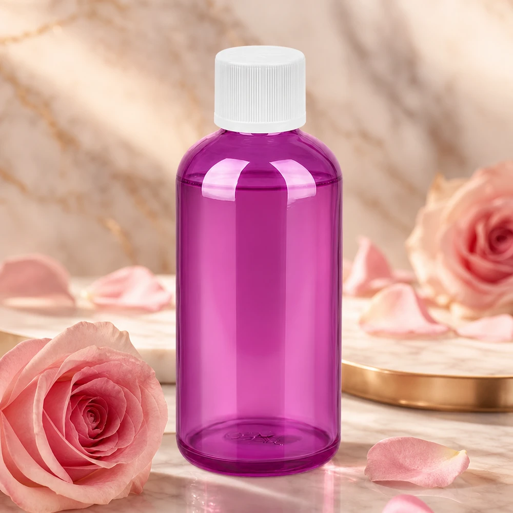 100ml flaska 11mm skruvkork vit standard barnsäker PurpleLine. UT18/100 100 ml violett-transparent flaska med 11 mm skruvlock, idealisk för aromaterapi och eteriska oljor