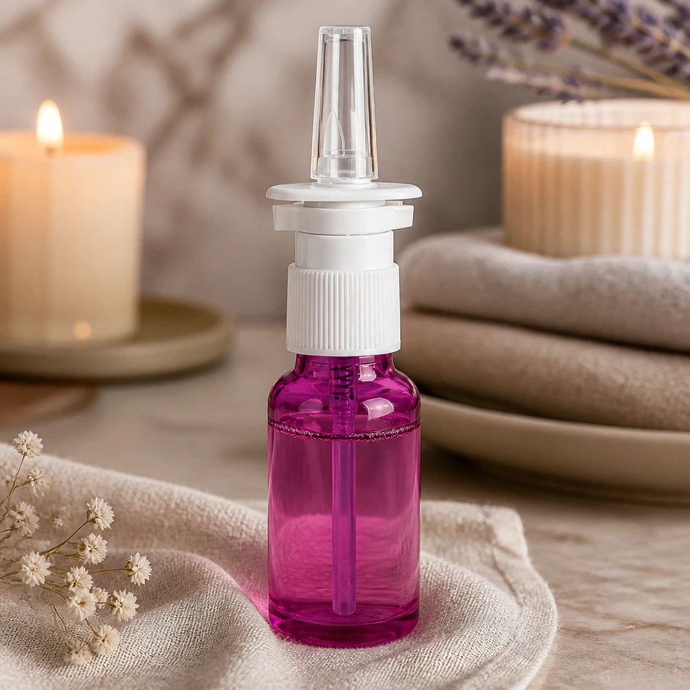 20 ml nässprayflaska med vitt skruvlock och transparent sprayrör i lila