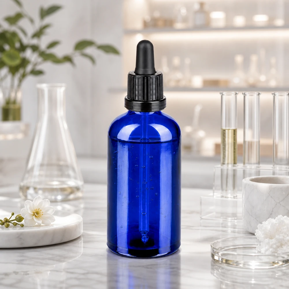 Elegant blå glasflaska 100 ml med ergonomisk pipett för enkel hantering