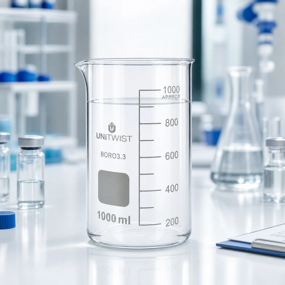 UNITWIST bägare, 1000 ml, hög form, borosilikatglas 3.3, transparent, tom, på ett vitt laboratoriebord