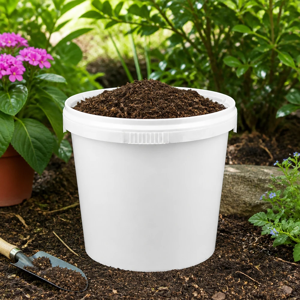 1 liters vit plasthink av polypropylen med lock Vit plasthink på 1 liter, fylld med jord, i trädgården mellan blommor och växter