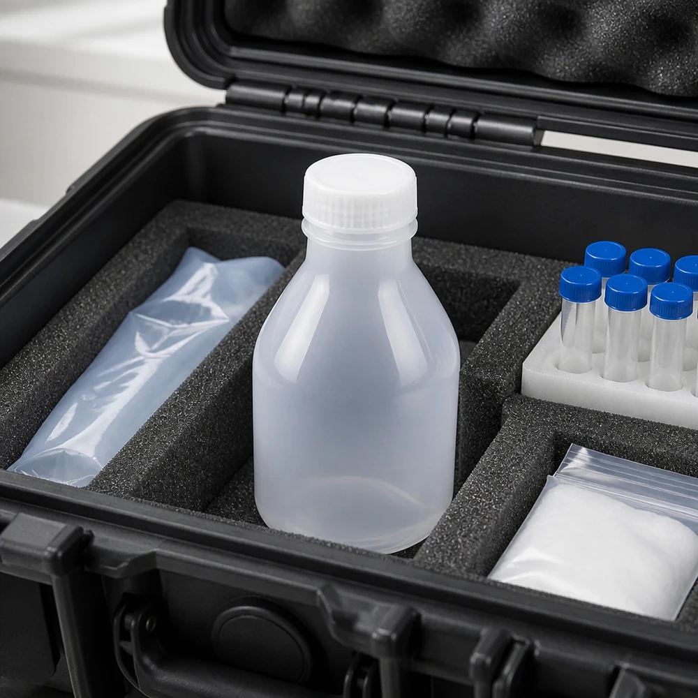 20ml laboratorieflaska med smal hals utan lock Genomskinlig 20 ml laboratorieflaska med smal hals utan lock, i svart transportväska med skumplast