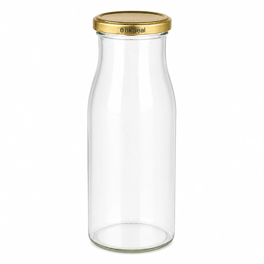 150 ml flaska med UNiTWIST BioSeal-lock i guld UNiTWIST glasflaska 150 ml med gyllene TO43 BioSeal-lock genomskinligt skruvlock av glas