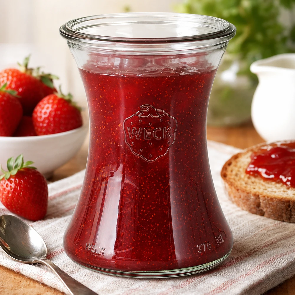 WECK delikatessburk 370ml RR80 fylld med röd jordgubbssylt i en mysig frukostmiljö med rostat bröd