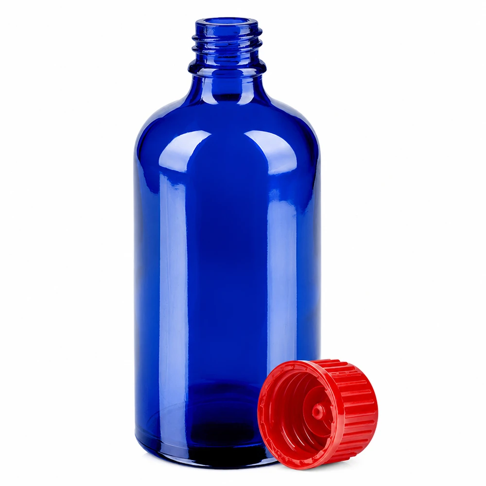 100ml BlueLine glasflaska koboltblå med 11mm standardgänga och rött lock UT18/100