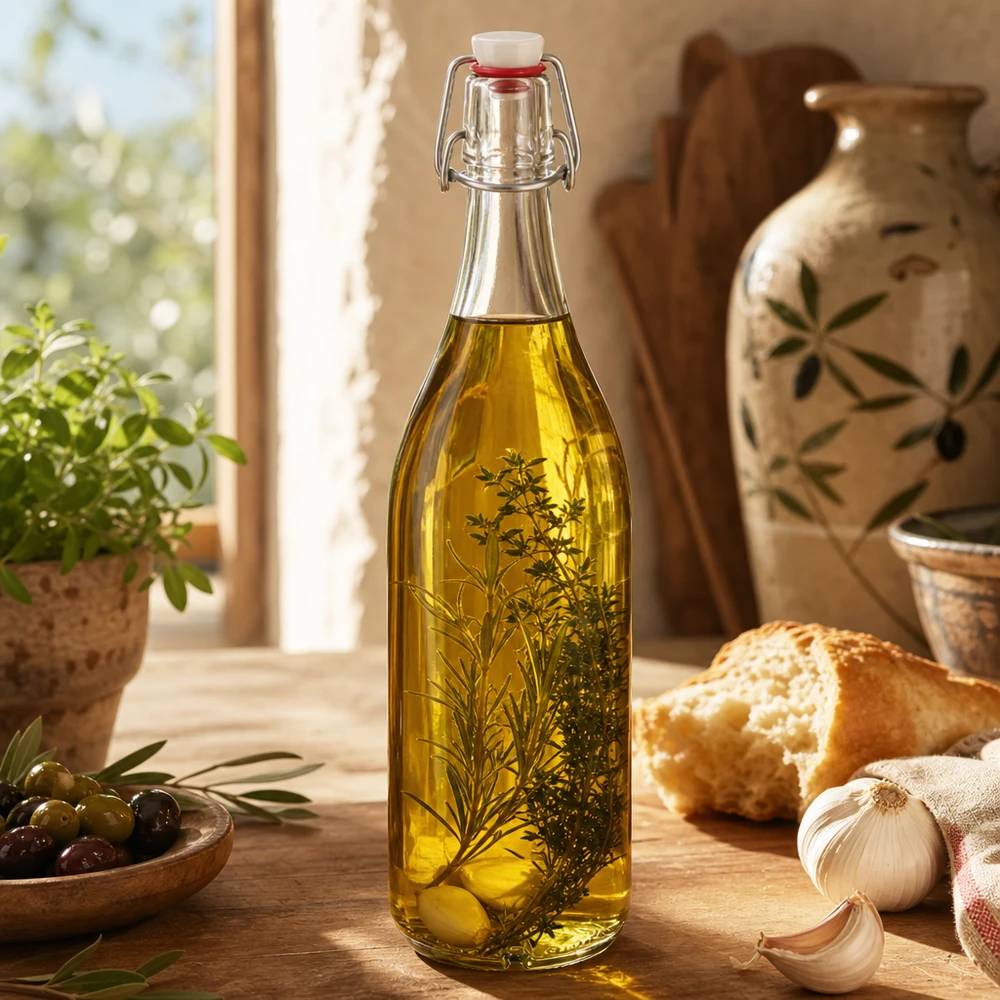 1000ml glasflaska + svängbar topp porslin UNiTWIST Glasflasche 1000ml mit Kräuteröl befüllt zeigt vielseitige Verwendung für Küche und Aufbewahrung