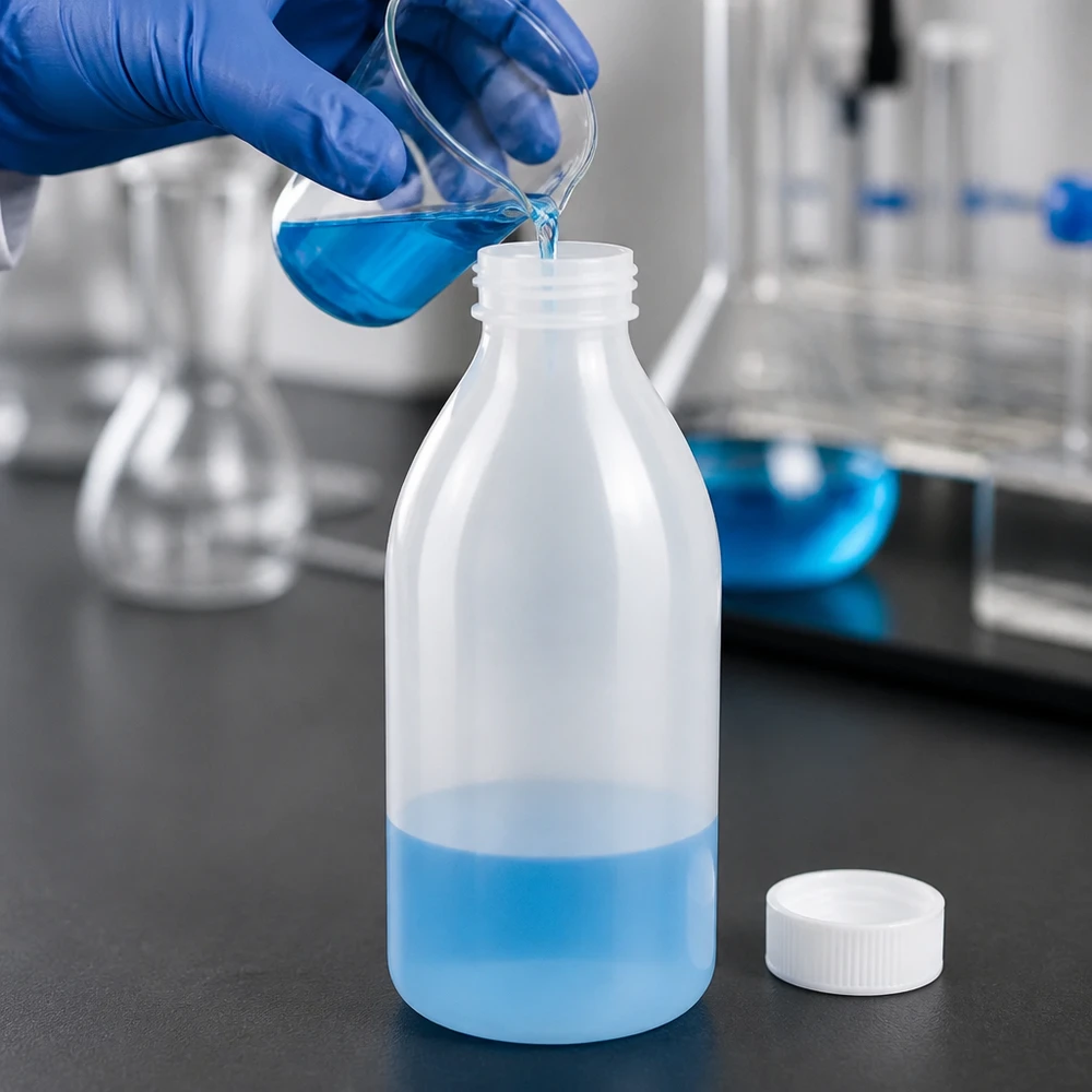 500ml skruvflaska, laboratorieflaska med smal hals 500ml PE Schraubflasche Enghals neben weißem Deckel und Erlenmeyerkolben