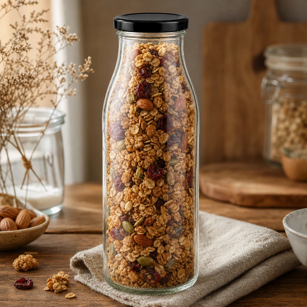 500 ml glasflaska + BasicSeal-lock svart UNiTWIST 500ml Glasflasche mit schwarzem Deckel gefüllt mit Müsli und Nüssen auf Holztisch rustikale Küchendeko