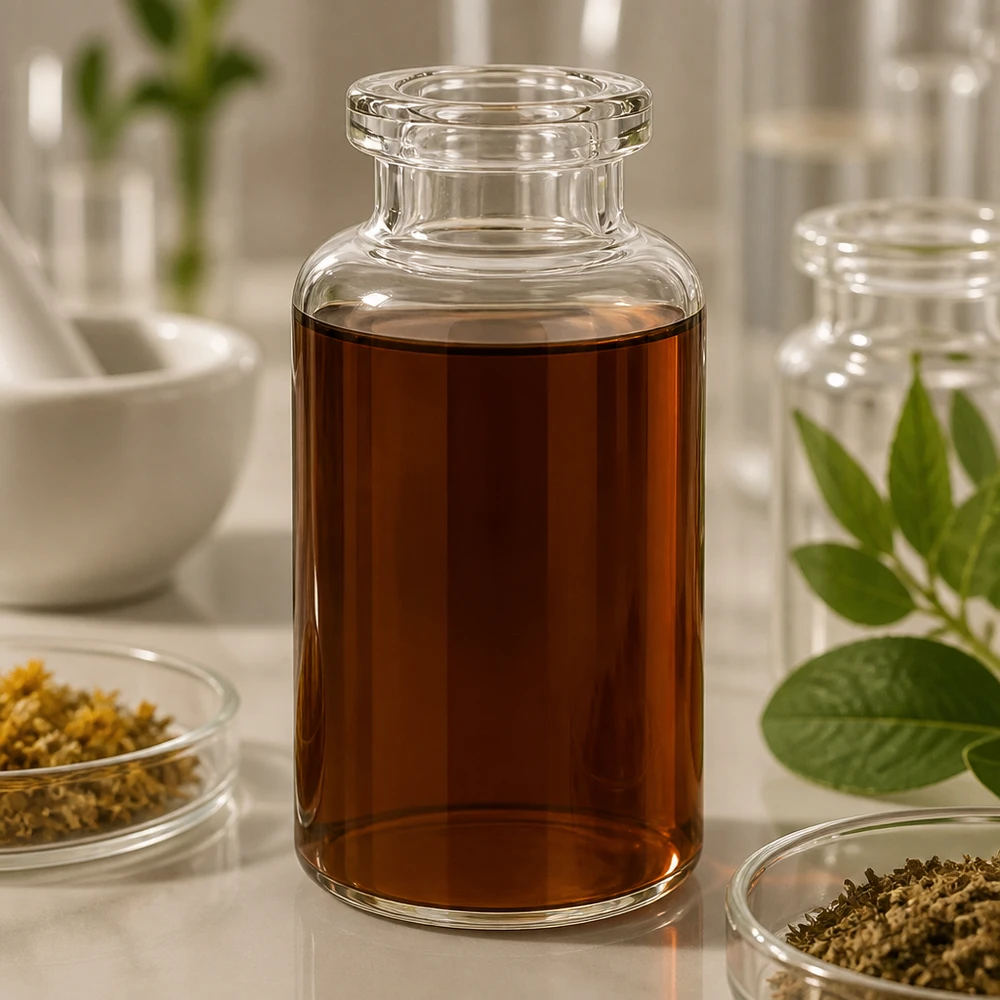 Injektionsflaska klarglas 30ml Injektionsflasche Klarglas 30ml mit dunkelbraunem Pflanzenextrakt in botanischer Laborszene