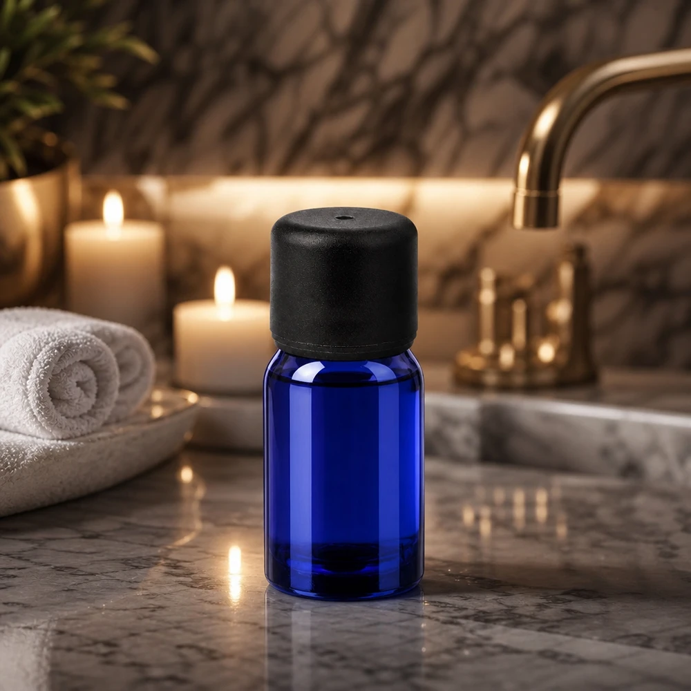 5 ml flaska 6mm skruvkork svart standard BlueLine UT18/5 5ml BlueLine glasflaska i koboltblått med svart skruvlock för aromaterapi