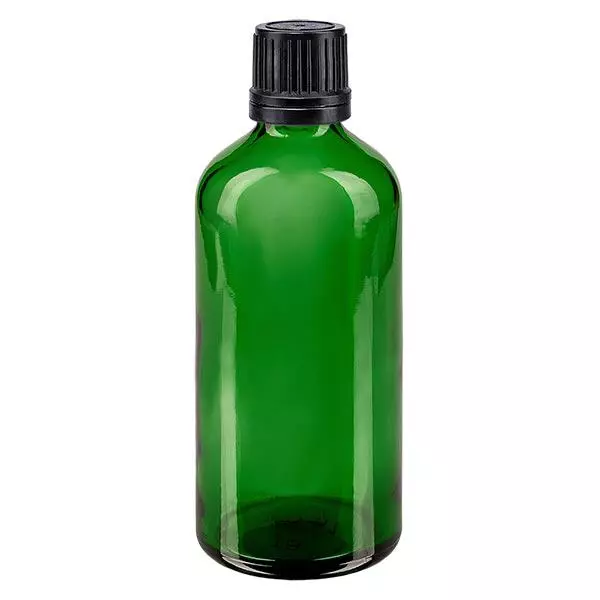Apoteksflaska grön 100ml skruvlock svart hällring manipulationsskyddad förslutning Apoteksflaska grön 100ml skruvlock svart hällring manipulationsskyddad förslutning