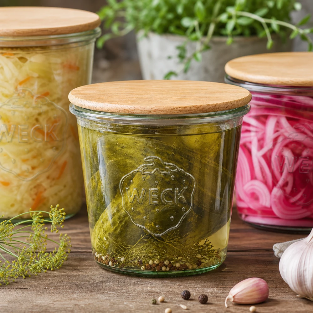 580ml WECK RR100 Krossade glasögon med trälock WECK 580 ml glasburk med trälock fylld med inlagda gurkor, köksscen med färska örter och vitlök