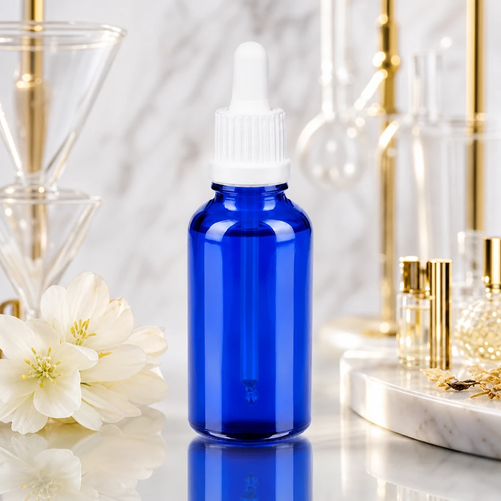 30 ml BlueLine pipettflaska UT18 med vitt lock för kosmetiska applikationer och serum