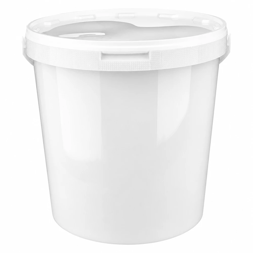 Hink i vit polypropenplast 10,7L med lock Vit plasthink på 10,7 liter med lock av PP-plast för livsmedel och industriellt bruk