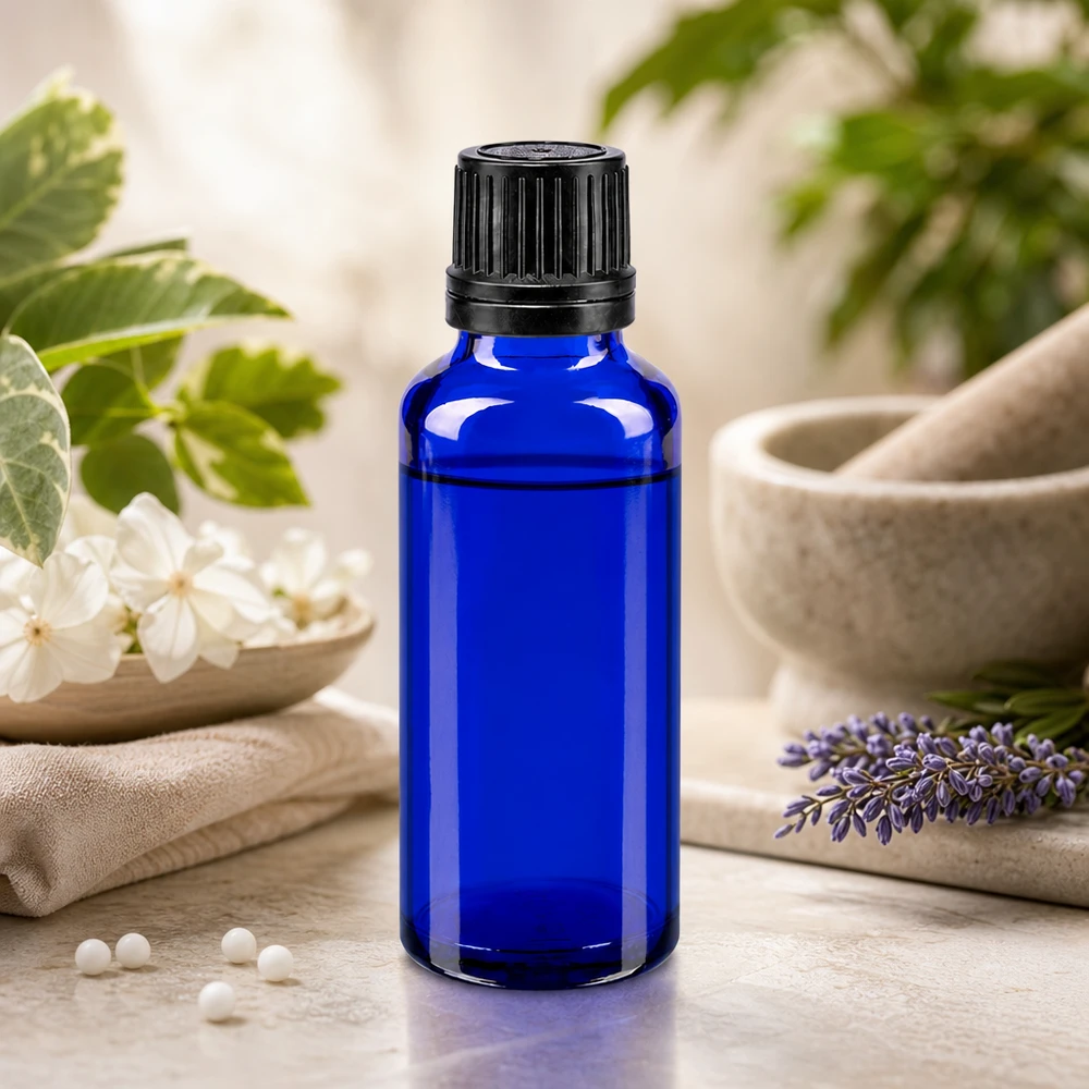 Apoteksflaska blå 30ml skruvkork svart hällring tamper-evident stängning En koboltblå 30 ml apoteksglasflaska med svart OV-lock bredvid lavendel och en mortel