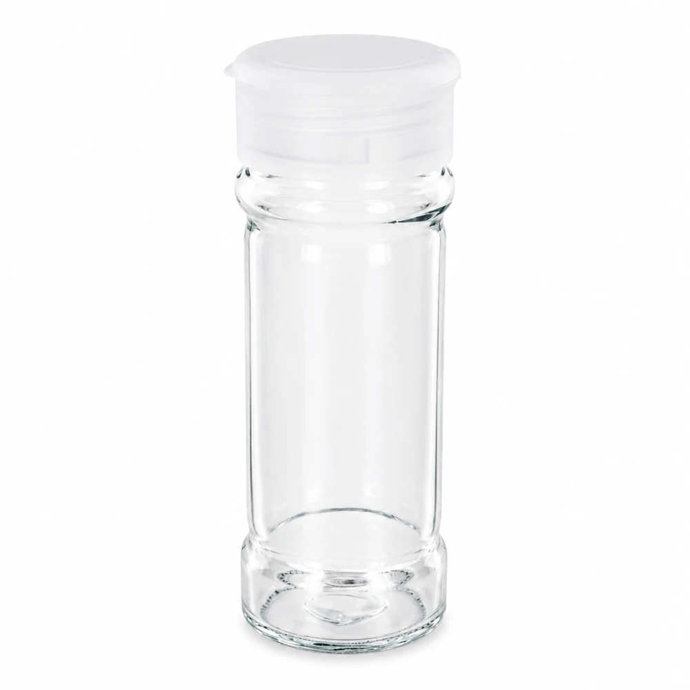 Salt-/kryddburk 100 ml med ströare, vit Tom kryddburk på 100 ml i klart glas med vit ströare i plast