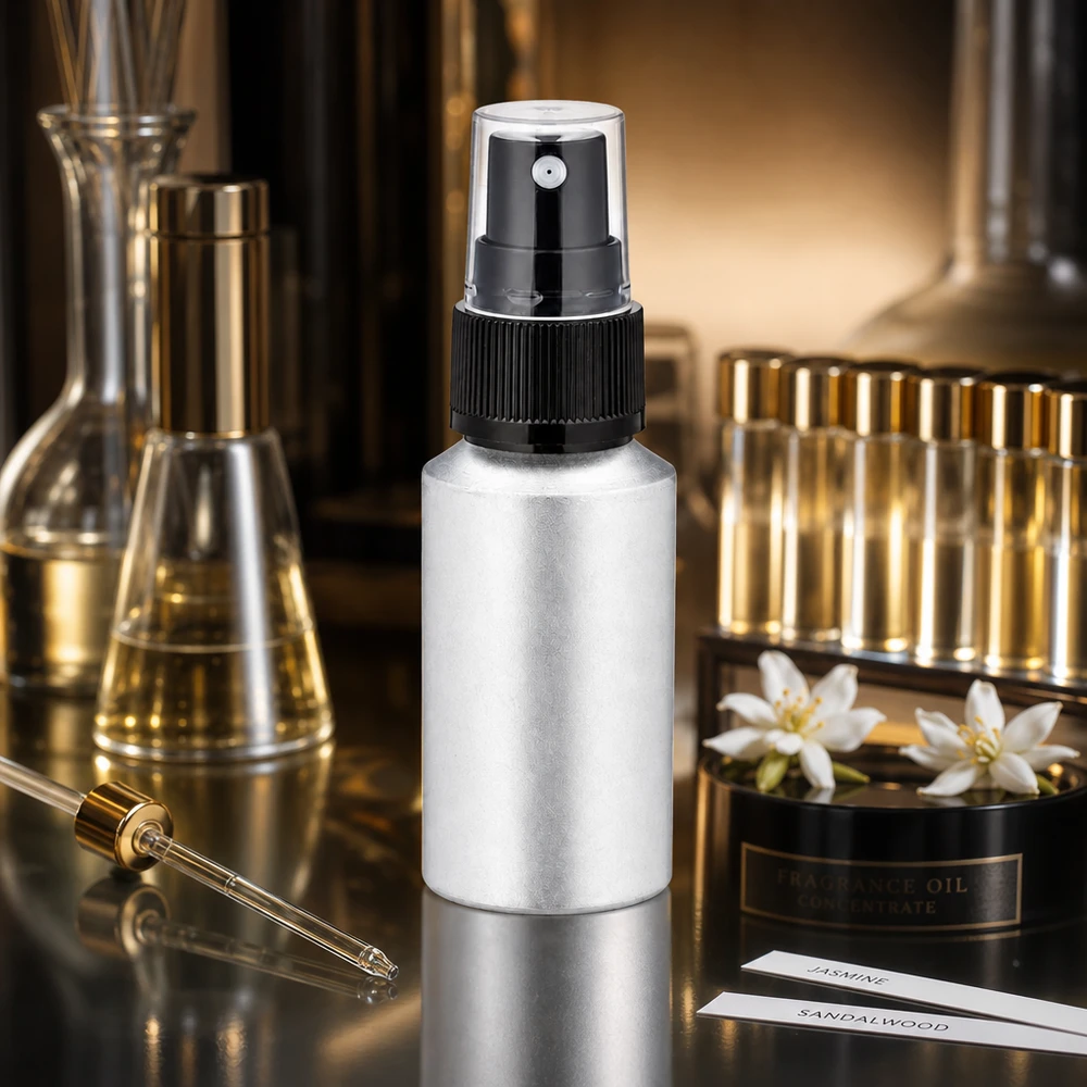 30 ml flaska i inlagd aluminium med finfördelare Kompakt 30 ml aluminiumflaska med finfördelare i elegant design för mobila parfymtillämpningar