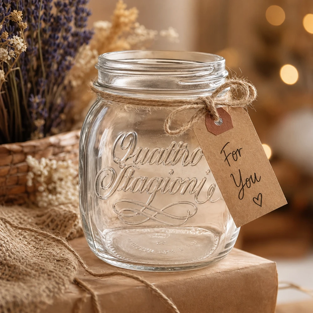 700ml runt glas "Quattro Stagioni" QS86mm 700 ml Quattro Stagioni hushållsglas med presentetikett på ett rustikt träbord med lavendeldekoration