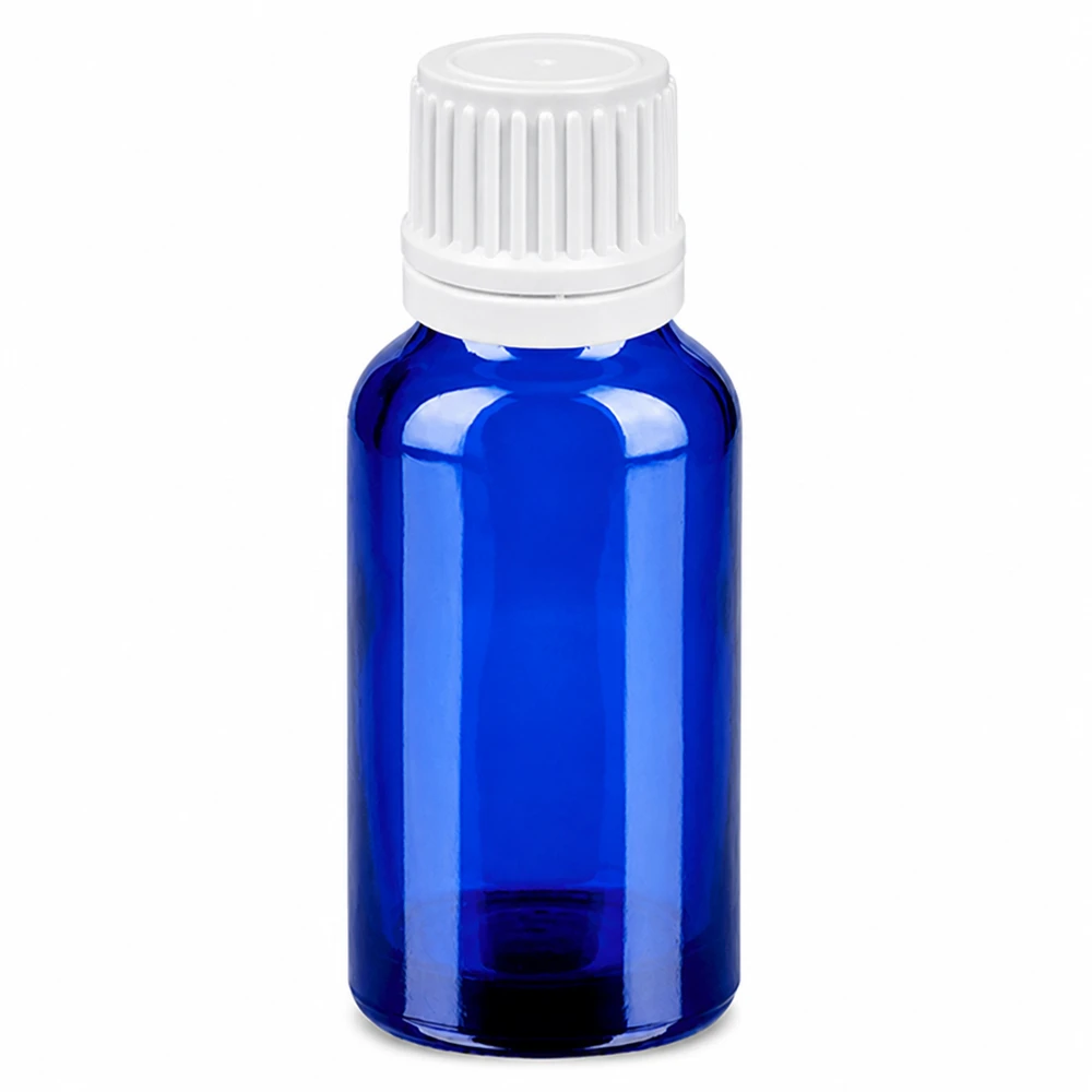 20 ml droppflaska av blått glas med vitt lock för exakt dosering