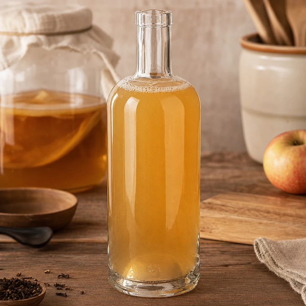 750 ml glasflaska Emma utan lock UNiTWIST® 750 ml glasflaska Emma fylld med äppelcidervinäger i rustikt kök bredvid äpple och köksredskap på träbräda