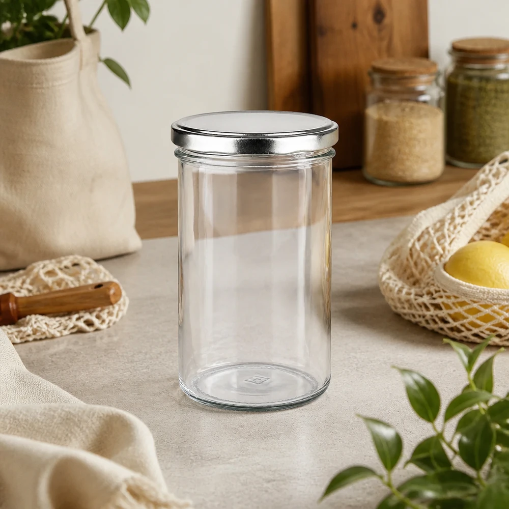 Mugg 277 ml med lock BasicSeal silver UNiTWIST 277 ml glas med BasicSeal-lock silver i hållbart kök med noll avfall bredvid korgar och förvaringsburkar