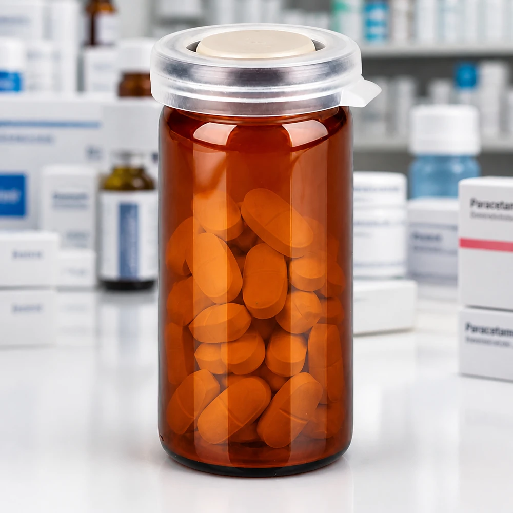 Farmaceutiskt brunt glas med snäpplock och orangefärgade filmdragerade tabletter i en apoteksmiljö
