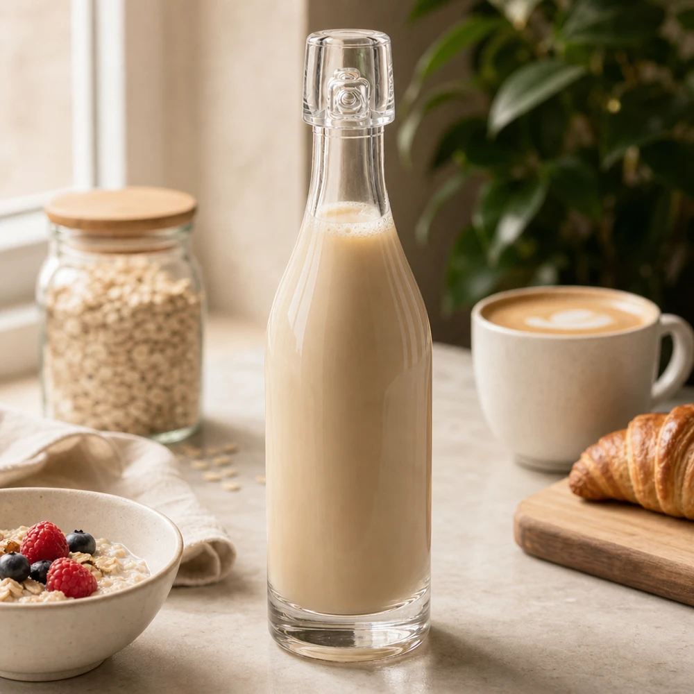 50 ml glasflaska UNiTWIST fylld med havremjölk mellan frukostingredienserna Flingskål och croissant Köksbord