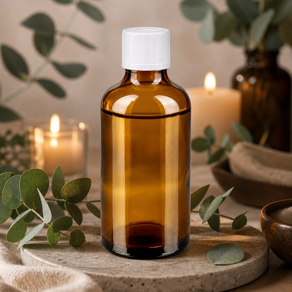 Apoteksflaska brun 50ml skruvkork vit barnskyddande standard 50 ml apotekarflaska i brunt glas med vitt skruvlock och barnsäkerhetslås på natursten