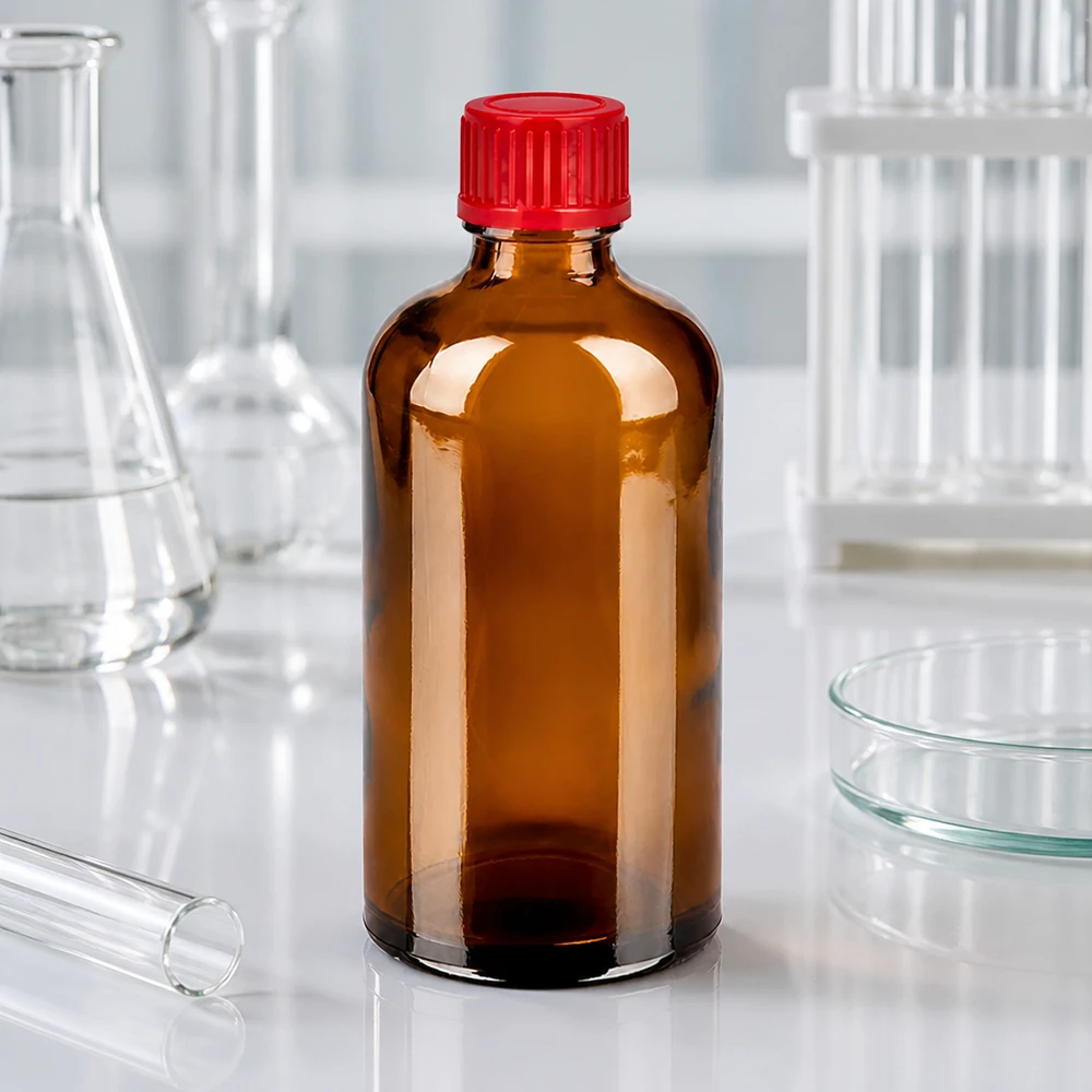 100ml flaska 11mm skruvkork röd standard BrownLine UT18/100 100 ml BrownLine-glasflaska med 11 mm SV-gänga och rött skruvlock för laboratorieapplikationer