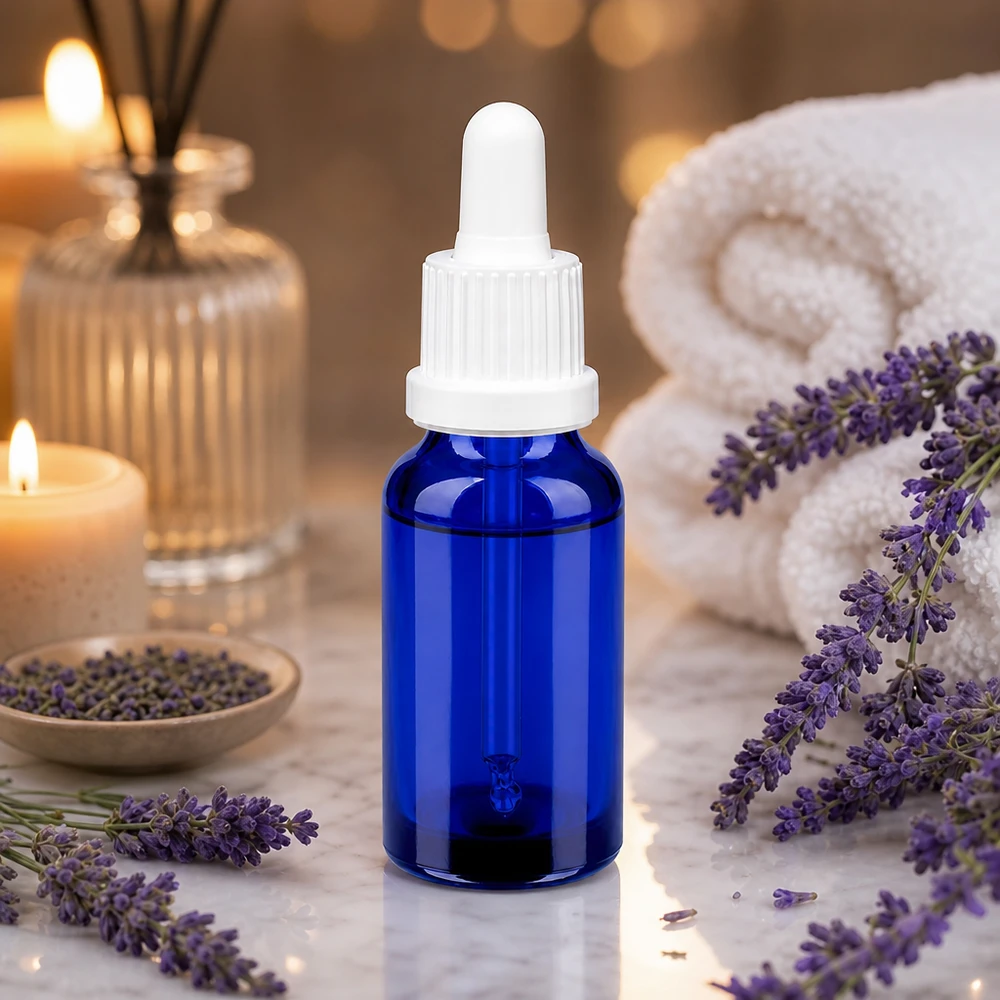 20 ml pipettflaska vit med säkerhetsförslutning BlueLine UT18/20 Liten 20 ml pipettflaska i elegant blå färg med vitt lock för aromaterapi