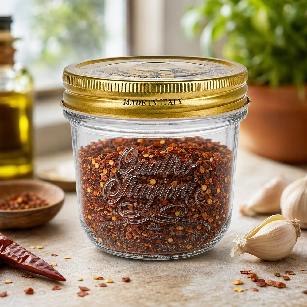 200 ml "Quattro Stagioni" Krossade glasögon med lock 200 ml Quattro Stagioni-glas med gyllene lock fyllda med chilikryddblandning Made in Italy på köksbänken.