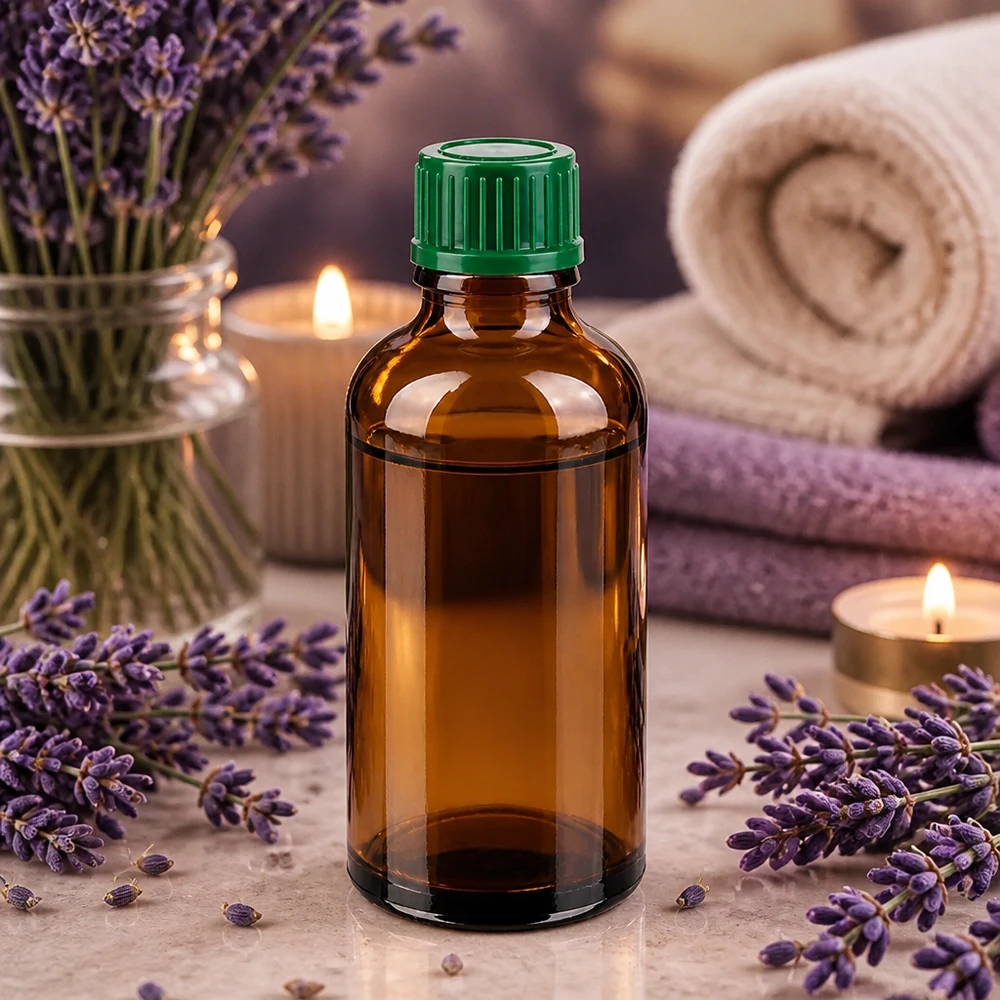 Brun glasflaska 50 ml med grönt lock, idealisk för aromaterapi och naturkosmetik