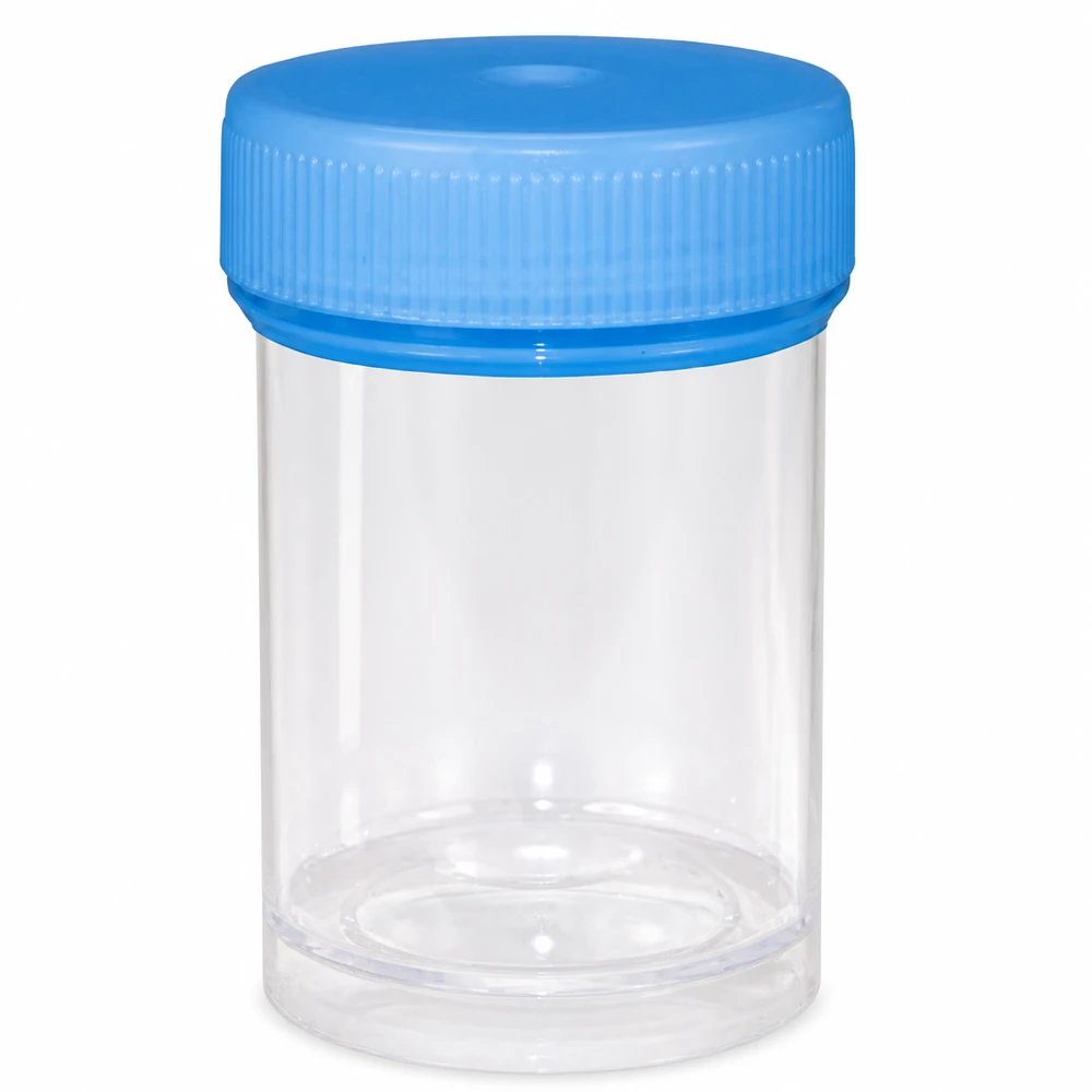 Universal plastburk (patho-kärl) 35ml Genomskinlig plastburk på 35 ml med blå skruvlock, avsedd som provbehållare för medicinska prover