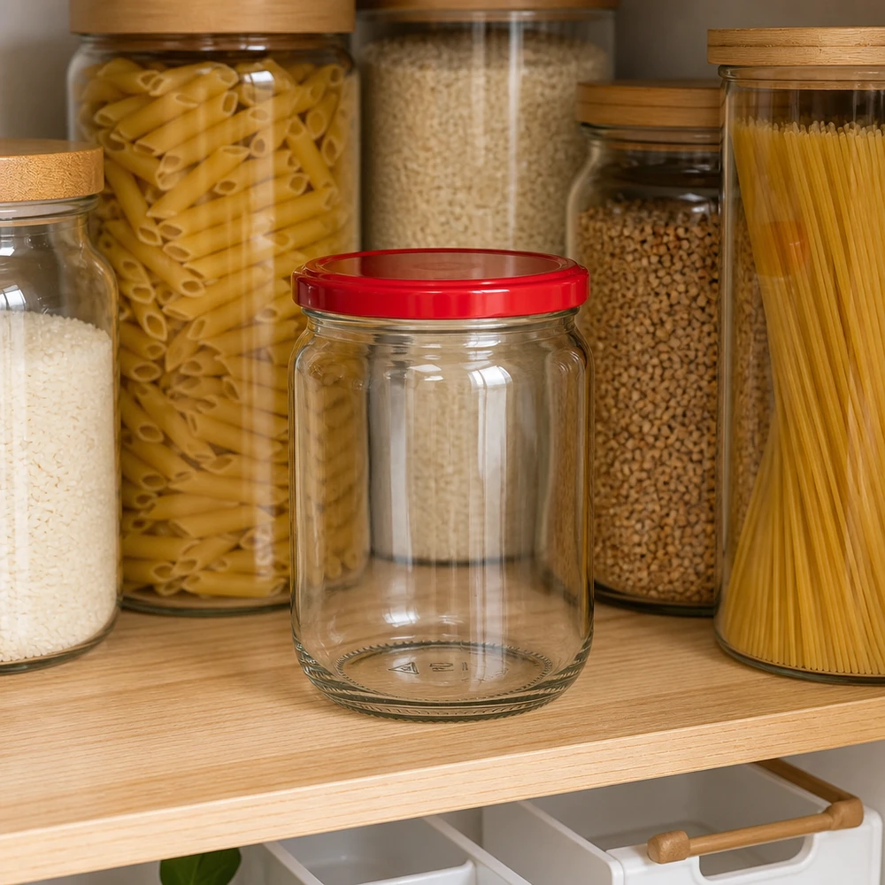 555 ml rund glasburk + BasicSeal-lock, rött, UNiTWIST Tomt 555 ml runt UNiTWIST-glas med rött BasicSeal-lock i förrådshyllan mellan pasta och ris