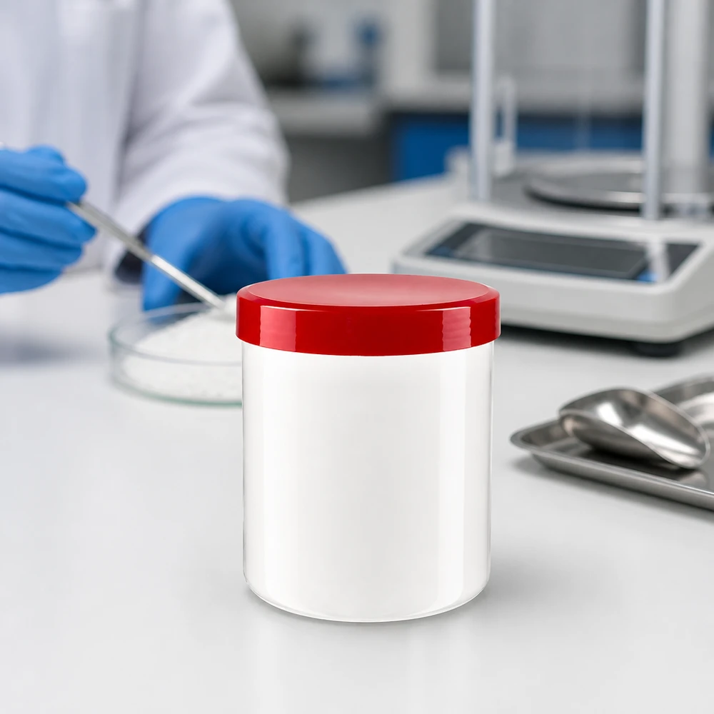 Vit PP-plastburk på 10 g med rött skruvlock på en vit laboratorieyta